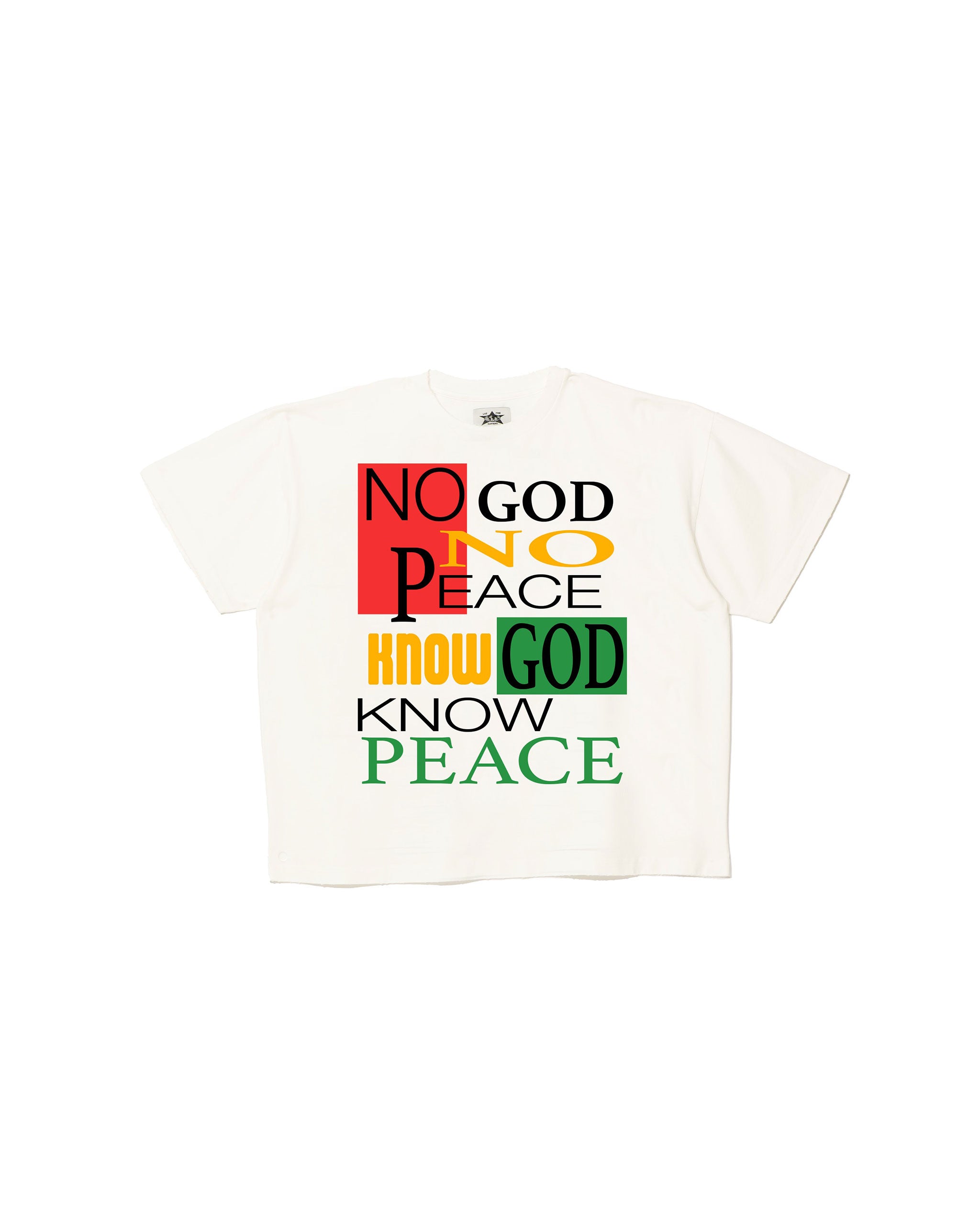 No God No Peace Aged T-Shirt in Ivory – Barriers Worldwide